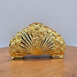 Royal Doulton Gold Fan Rose Napkin Holder Elegant‎ Ornate Table Decor